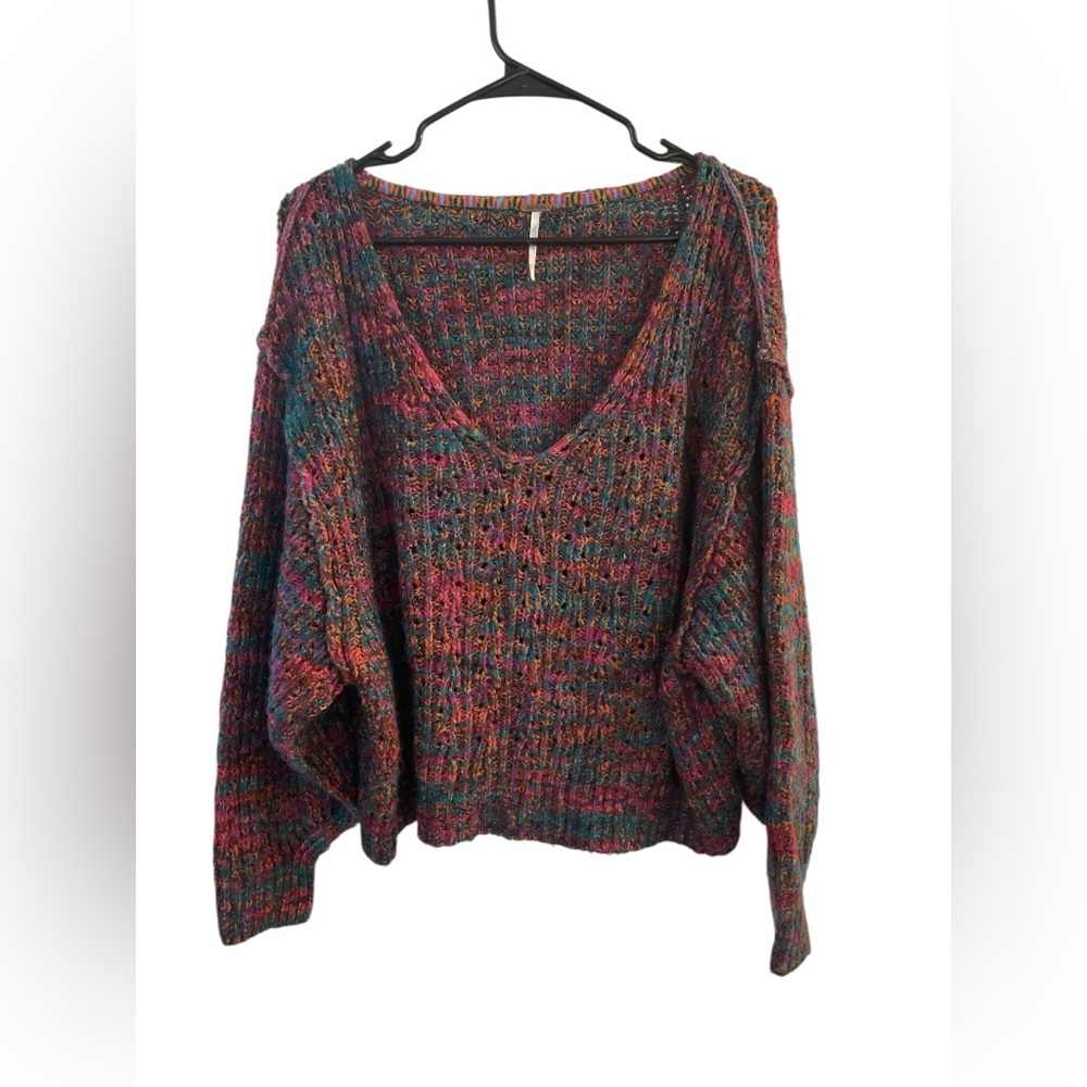 Free People Oversized Chunky Knit Sweater Multicolor Boho Slouchy V Neck Medium